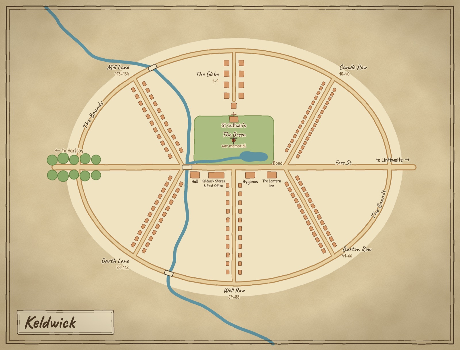 A hand-drawn plan of Keldwick — the green, the pond, St Cuthwin's, and the lanes in.